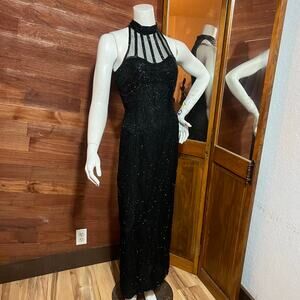 VINTAGE 90s Stenay 100% Silk Evening Dress Size 8 Beaded Gothic Cocktail Maxi